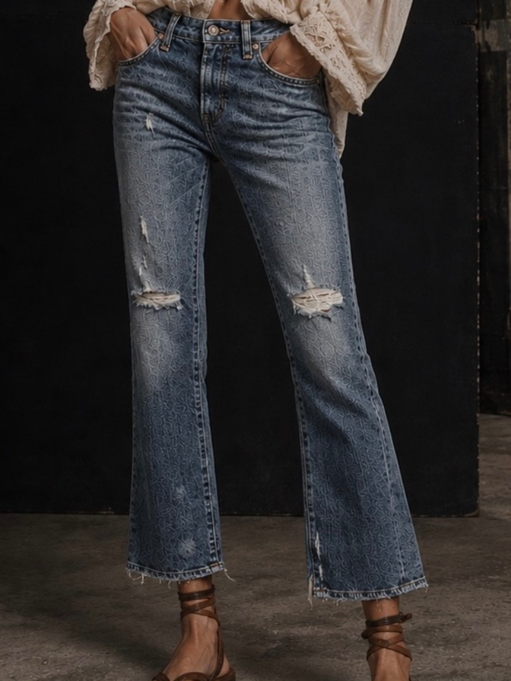 R13 Distressed Patterned Cropped Jeans in Mid Blue